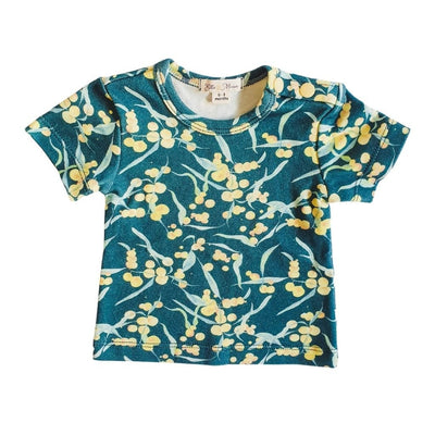 Hand illustrated organic cotton t-shirt in a teal and yellow wattle flower print. Made in Australia