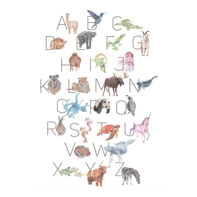 Hand illustrated alphabet nursery wall art print animals