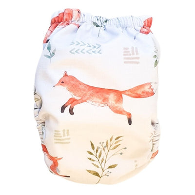 fox jumping through the air over an olive branch modern cloth nappy for newborn #color_foxin-about