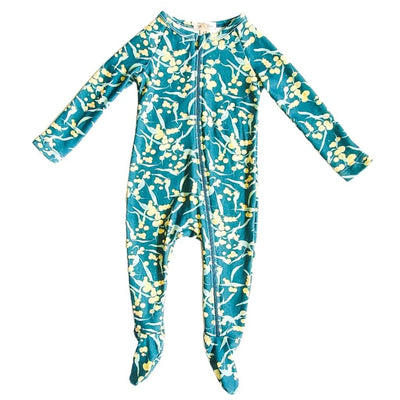 Teal and yellow wattle print organic cotton onesie for babies and toddlers