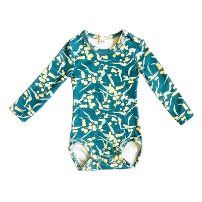 Organic cotton romper with long sleeves in a hand illustrated wattle print