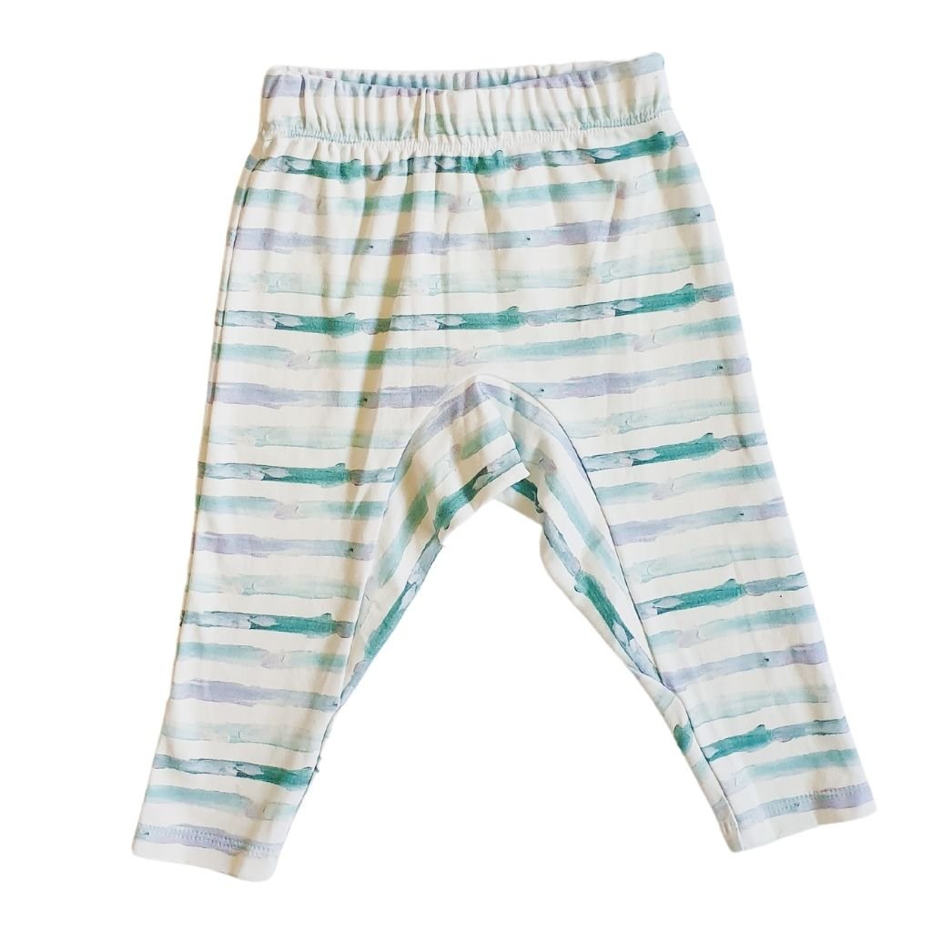 Blue and white hand illustrated harem pants that fit cloth nappies. Made in Australia