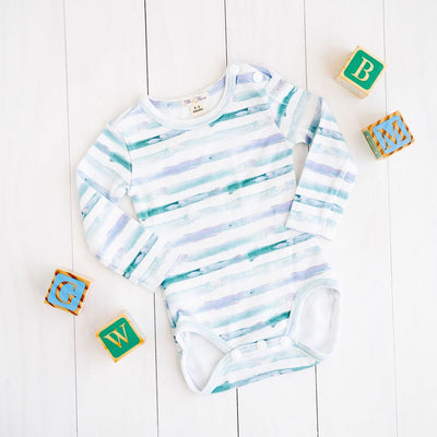Blue stripe 100% organic cotton romper with crotch snap buttons for infants and toddlers. Made in Australia