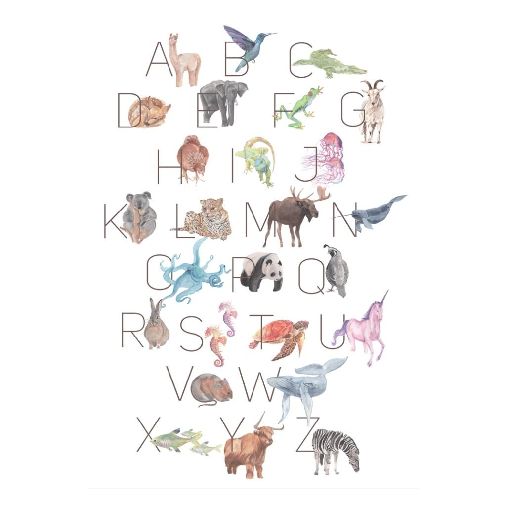 Hand illustrated alphabet nursery wall art print animals