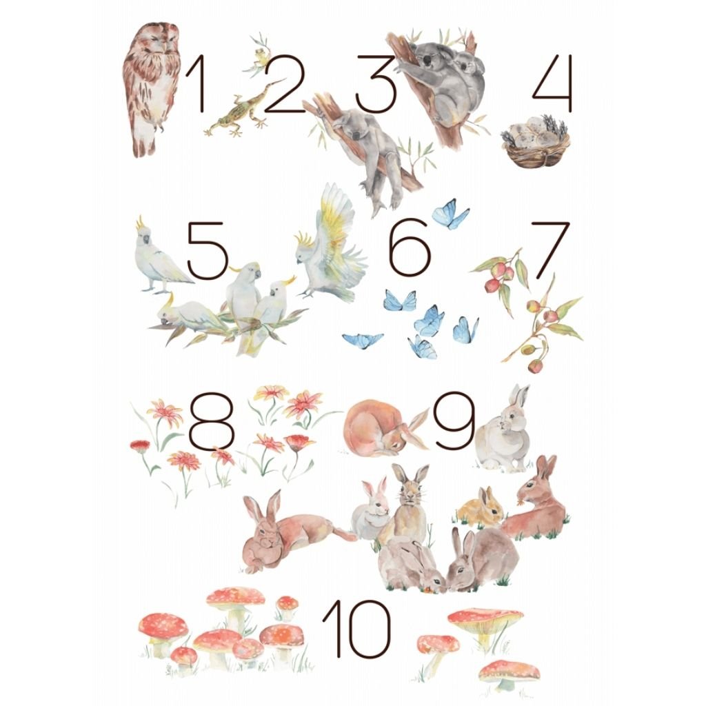 Hand-illustrated nursery and playroom wall art prints depicting animals and numbers