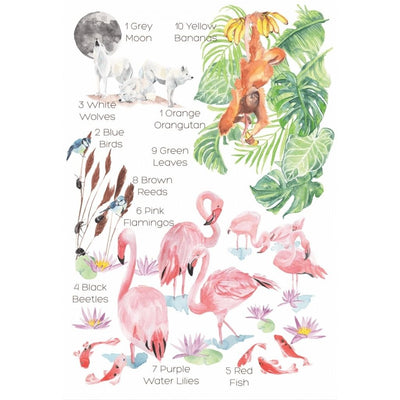 Hand painted nursery and playroom wall art featuring wolves, orangutans and flamingos