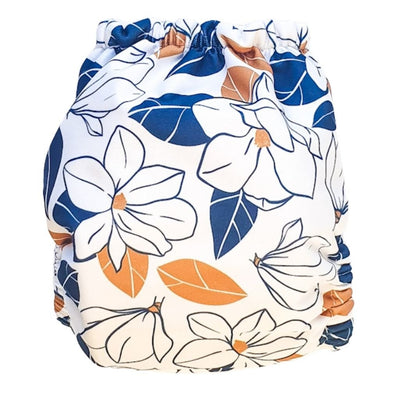 Blue and golf floral orchid print on an Australian-made reusable cloth nappy bLUE AND GOLD FLROAL REUSABLE NAPPY FOR NEWBORN BABAIES MADE IN AUSTRALIA #color_geraldine