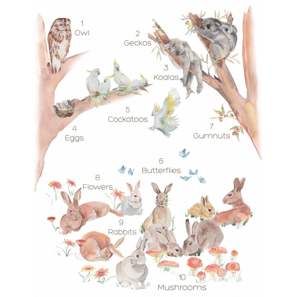 hand-illustrated owl, koala, cockatoo and bunny wall art prints for nursery and playroom